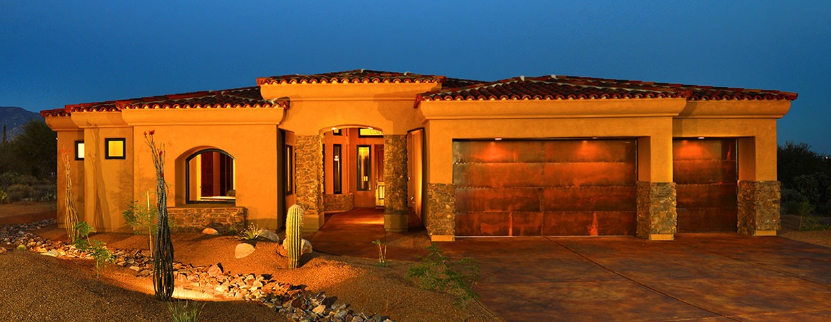 Facade of a house with a rustic garage door 